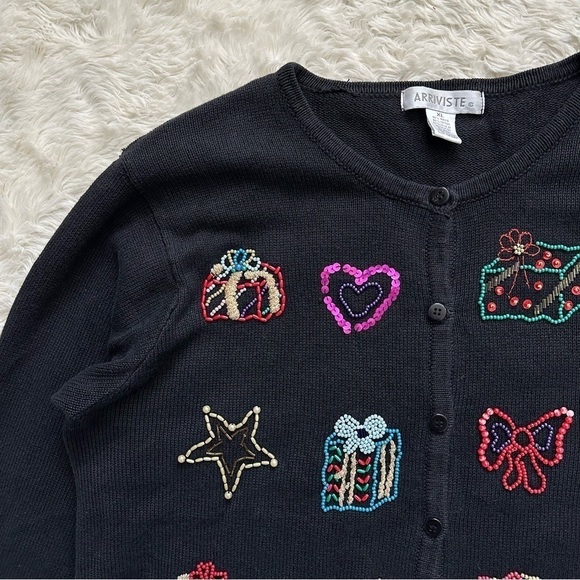 Vintage Arriviste Cardigan Holiday Ugly Christmas Sweater Beaded Black XL - Picture 5 of 13